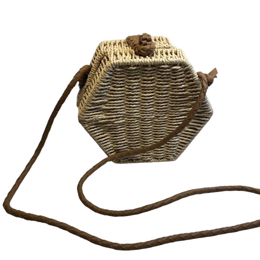Mali + Lili  Rattan Wicker Crossbody Bag Floral Lining Hexagon Shape